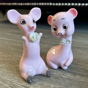 Vintage Pink Porcelain Deer Fawn Doe Salt and Pepper Shakers made in Japan MCM